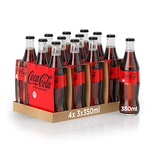 Coca-Cola Zero Zuccheri – 12 Bottiglie da 350 ml, Tutto il Gusto della Formula Coca-Cola Senza Calorie, in Bottiglia di Vetro 100% Riciclabile, Bevanda Analcolica con Edulcoranti