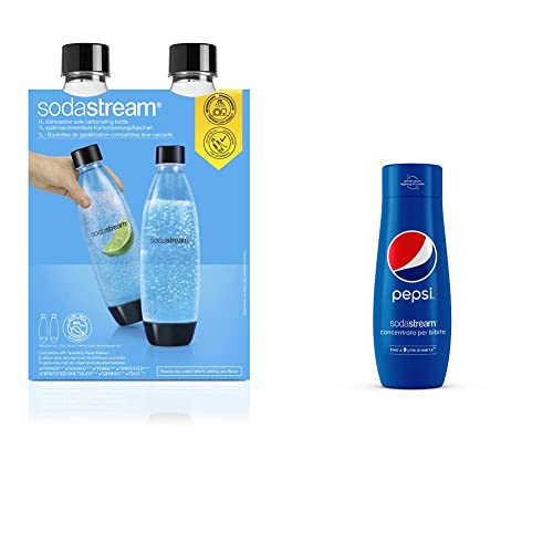 Sodastream 2 Bottiglie Fuse da 1 litro Lavabili in lavastoviglie, plastica per Pet, 17,4 x 8,6 x 28,1 cm, 2 unità & Concentrato per Preparazione di Bevande Dissetanti Gassate al Gusto Pepsi, 440 ml