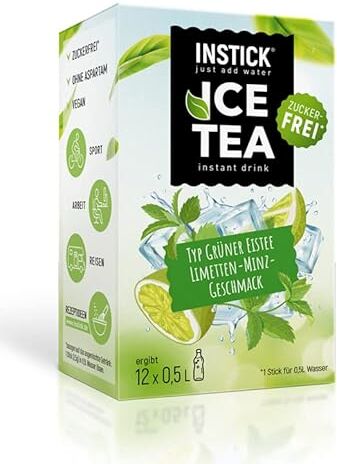 INSTICK just add water INSTICK Ice Tea senza zucchero (Tè Freddo Limetta e Menta) 1 confezione per 12 x 0,5-1 L Bevanda istantanea senza zucchero Polvere per bevande vegane a basso contenuto calorico e vitamina C