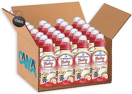 CAIYA 24X San Benedetto Baby Camomilla Minions in Acqua Minerale Naturale al Gusto Fragola 250ml [® BOX da 24 Bottigline]