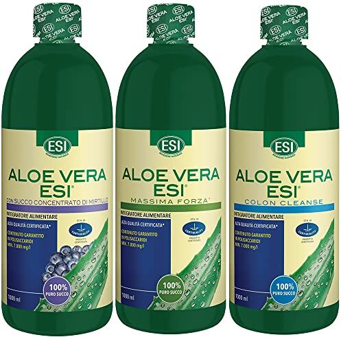 ESI Succo Aloe Vera 3 confezioni da 1000 ml [Massima Forza + Colon Cleanse + Mirtillo]