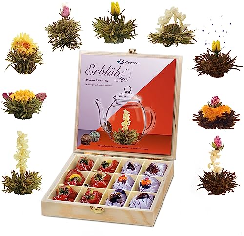 Creano Fiori di tè di  set da regalo in scatola di legno, 12 Fior di tè 12 con 9 gusti   Tè bianco & Tè nero