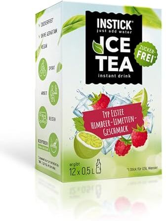 INSTICK just add water INSTICK Ice Tea senza zucchero (Tè Freddo Lampone e Limetta) 1 confezione per 12 x 0,5-1 L Bevanda istantanea senza zucchero Polvere per bevande vegane a basso contenuto calorico e vitamina C