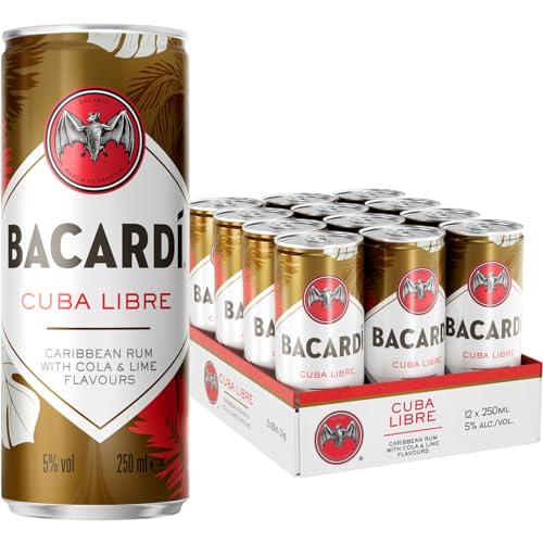 Bacardi BACARDÍ Cuba Libre, cocktail premixato pronto da bere in lattina, creato con Rum BACARDÍ Carta Oro e miscelato con Cola e Lime, Vol. 5%, 25 cl / 250 ml x 12