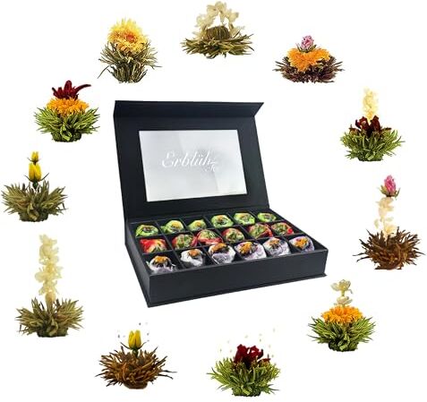 Creano Set regalo di fiori di tè tè bianco, nero e verde in una nobile scatola magnetica con finestra e goffratura argento 18 x Tè bianco, verde e nero