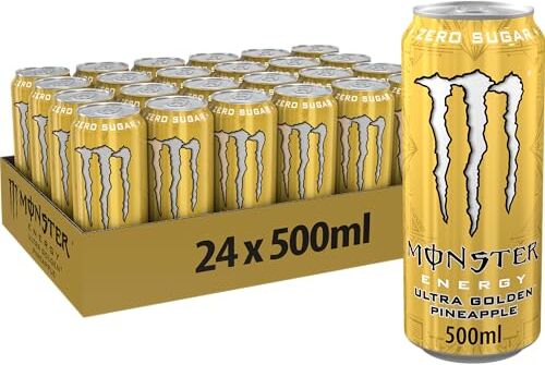 Monster Cable Energy Ultra Gold Pineapple – 24 Lattine da 500 ml, Energy Drink Zero Zuccheri e Poche Calorie, Bevanda Energetica dal Gusto di Ananas Dorato Maturo