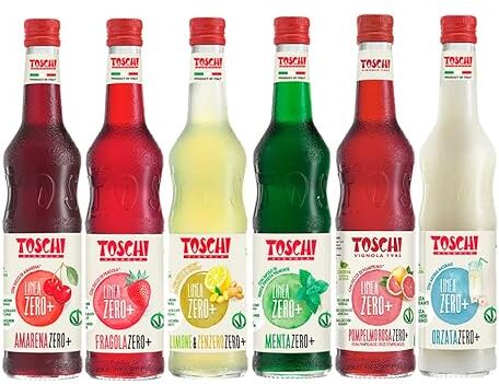 Toschi Drink Zero + 560 ml, Sciroppo senza Zucchero nei gusti: Amarena, Menta, Limone&Zenzero, Fragola, Pompelmo Rosa ed Orzata.