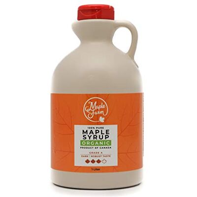 MapleFarm Puro sciroppo d'acero Canadese BIOLOGICO Grado A (Dark, Robust taste) 1 l (Confezione da 1) Original maple syrup succo d'acero BIO MapleFarm Puro sciroppo d'acero Canadese BIOLOGICO Grado A (Dark, Robust taste) 1 l (Confezione da 1) Original maple syrup succo d'acero BIO