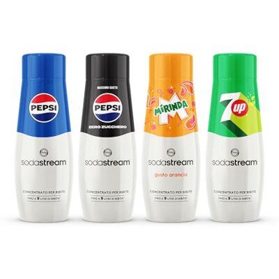 sodastream 4 Concentrati Pepsi Max + Pepsi + Mirinda + 7up Free ideali per realizzare rapidamente 9 litri di bevanda sodastream 4 Concentrati Pepsi Max + Pepsi + Mirinda + 7up Free ideali per realizzare rapidamente 9 litri di bevanda