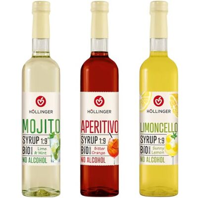 Höllinger Set Sciroppi Biologici, 3 Bottiglie da 500ml, Mojito Lime & Menta, Aperitivo Bitter Orange, Limoncello Sunny Lemon, Senza Alcool, Rapporto 1:9 Höllinger Set Sciroppi Biologici, 3 Bottiglie da 500ml, Mojito Lime & Menta, Aperitivo Bitter Orange, Limoncello Sunny Lemon, Senza Alcool, Rapporto 1:9