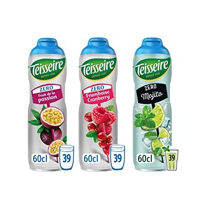 Teisseire Set di 3 sciroppi Zero Zuccheri (Fruit de la Passion, Raspberry Cranberry, Mojito) per bevande rinfrescanti, cocktail, borraccia riciclabile, 3 x 60 cl Teisseire Set di 3 sciroppi Zero Zuccheri (Fruit de la Passion, Raspberry Cranberry, Mojito) per bevande rinfrescanti, cocktail, borraccia riciclabile, 3 x 60 cl