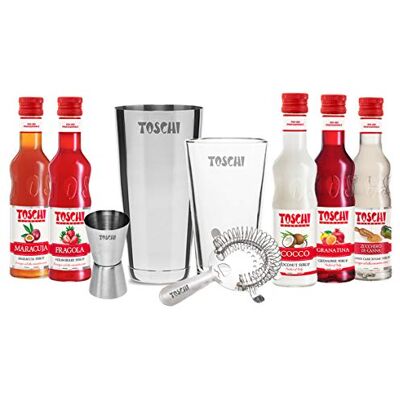 Toschi Kit per cocktail con 5 sciroppi 250 ml e attrezzatura da barman, 5 bottiglie di sciroppo nei gusti: Passion Fruit, Fragola, Cocco, Granatina, Zucchero di canna e Shaker, Jigger e Strainer Toschi Kit per cocktail con 5 sciroppi 250 ml e attrezzatura da barman, 5 bottiglie di sciroppo nei gusti: Passion Fruit, Fragola, Cocco, Granatina, Zucchero di canna e Shaker, Jigger e Strainer
