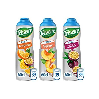 Teisseire Set di 3 sciroppi Zero Zuccheri (Tropical, Pesca, Frutta della Passione) per Bevanda Rinfrescante, Cocktail, Bidone Riciclabile, 3 x 60 cl Teisseire Set di 3 sciroppi Zero Zuccheri (Tropical, Pesca, Frutta della Passione) per Bevanda Rinfrescante, Cocktail, Bidone Riciclabile, 3 x 60 cl