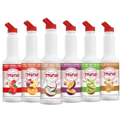 Toschi 6 bottiglie di sciroppi puree da 1 litro nei principali gusti cocktail: Fragola, Granatina, Cocco, Passion Fruit, Kiwi e Zucchero di Canna Toschi 6 bottiglie di sciroppi puree da 1 litro nei principali gusti cocktail: Fragola, Granatina, Cocco, Passion Fruit, Kiwi e Zucchero di Canna