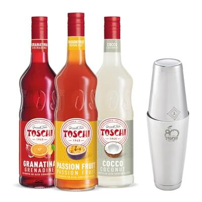 Toschi Kit per cocktail con 3 sciroppi 1 L e Boston Shaker, composto da 3 bottiglie di sciroppo da 1 litro nei gusti principali per cocktail: Granatina, Passion Fruit e Cocco Toschi Kit per cocktail con 3 sciroppi 1 L e Boston Shaker, composto da 3 bottiglie di sciroppo da 1 litro nei gusti principali per cocktail: Granatina, Passion Fruit e Cocco