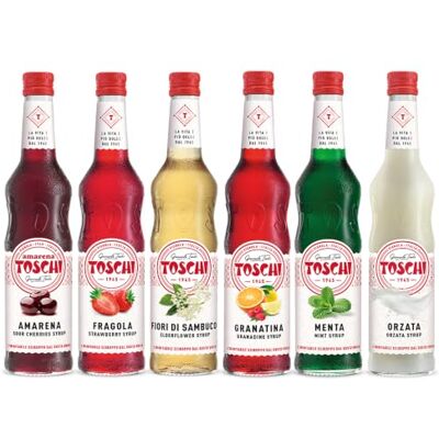 Toschi Sciroppi Tradizionali 740 gr nei gusti: Amarena, Menta, Fragola, Granatina, Fiori di sambuco e Orzata. Toschi Sciroppi Tradizionali 740 gr nei gusti: Amarena, Menta, Fragola, Granatina, Fiori di sambuco e Orzata.