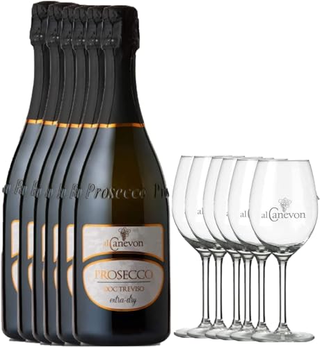 al canevon Omaggio 6 Vino Calici Bicchieri + 6 Bottiglie Prosecco Valdobbiadene 750 Ml – Vendemmia A Mano –  Regalo Di Natale (DOC TREVISO)