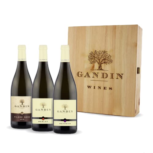 Gandin Cassetta di legno da 3 bottiglie: Merlot, Refosco, Filare Nero DOC Friuli Isonzo    Wines 0,75 L   Cassetta di legno   Idea Regalo