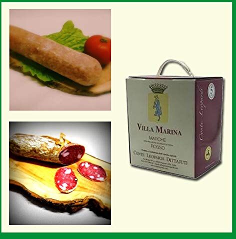 marche in italy Sapori Marchigiani Marche Rosso, cod.104, Mix 3 pezzi, 1 Salame Morbido 750 gr, 1 Salame Fabriano 650 gr, 1 Vino Rosso Villa Marina Marche igt, 5 lt bag in box, cantina Conti Leopardi,