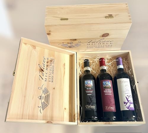 Taliano Michele Cassetta in legno personalizzata con 3 bottiglie da 750 ml: 1 Barbaresco Docg Cru, 1 Barbaresco Docg Riserva e 1 Nebbiolo Taliano idea regalo