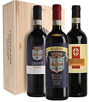 Fattoria dei Barbi Sangiovese Brunello di Montalcino, Chianti, Morellino di Scansano, Cassetta di legno da 3 bottiglie 0,75 L