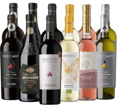 GIORDANO SELEZIONE PUGLIA Confezione di Vini dal gusto Secco, originari della Puglia. 6 tipologie di Vino tra Bianco, Rosato, Rosso e Appassito 12 Bottiglie da 75 cl