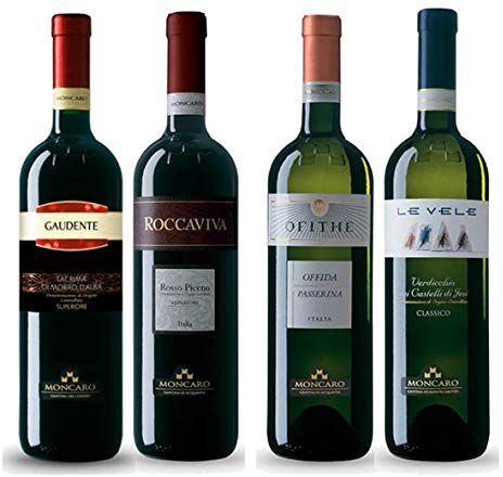 marche in italy Offerta Assaggio set 4x Vini Cantina Moncaro, 1x Lacrima Morro d'Alba Gaudente, 1x Rosso Piceno Roccaviva, 1x Passerina Offida Ophite, 1x Verdicchio Castelli Jesi Le Vele, prodotto tipico marchigiano