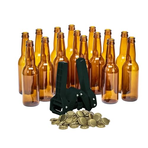 Brew Monkey ® Set Di 15 Bottiglie   Con Tappo e 30 Tappi per Bottiglie Di Birra   Kit Birra   Regalo Originale