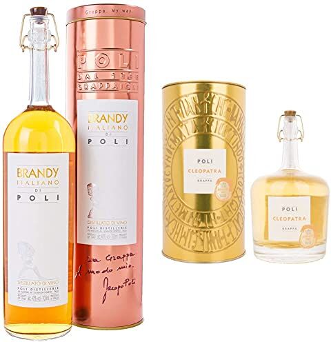 Jacopo Poli Brandy Italiano Astucciato 700 ml & Grappa Cleopatra Moscato Oro 40% Vol. 700 ml in Tinbox