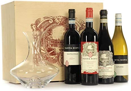 AMARONE della Valpolicella Santa Sofia Amarone della Valpolicella Classico DOCG 2013, Vino Amarone Confezione Regalo per Uomo e per Donna in Cassetta Legno, Amarone della Valpolicella Confezione Regalo, Decanter + 4 Bottiglie Santa Sofia