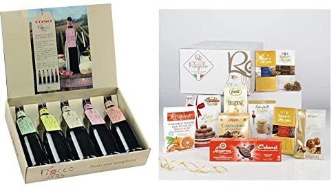 FIOCCO DI VITE Toso S.p.a Confezione  (5 x 0.75cl): Moscato d'Asti docg, Piemonte Bianco frizzante doc, Prosecco frizzante doc & RE REGALO KIT DEGUSTAZIONE DOLCEZZA IN TAVOLA Cesto 10 pezzi Cioccolato