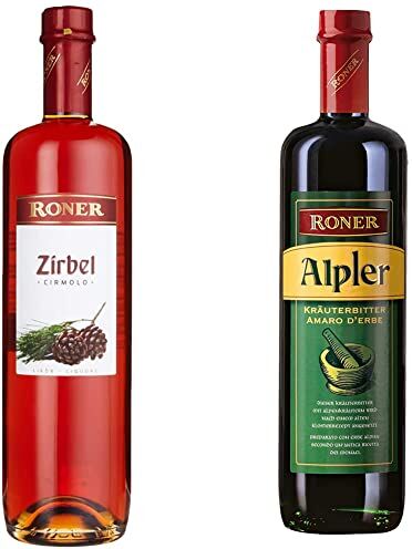 Roner Zirbel (1x 0,7l) Liquore al Pino Cirmolo Distilleria Artigianale Alto Adige Südtirol 700 ml & Alpler (1x 0,7l) Amaro Vero alle Erbe Alpine Secco Distilleria Artigianale 700 ml