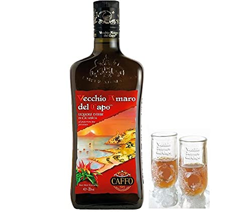 Caffo VECCHIO AMARO DEL CAPO RED HOT EDITION AL PEPERONCINO PICCANTE 1 LT CON DUE BICCHIERI