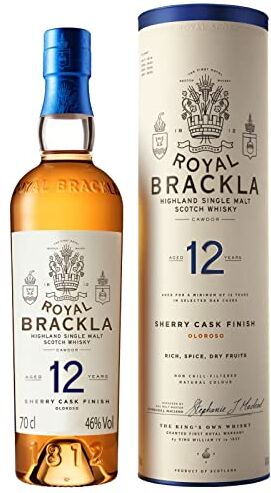 Bacardi Royal Brackla 12 Anni Highland Scotch Single Malt Whisky con astuccio regalo, affinato in botti di Sherry Oloroso, 46% Vol., 70 cl / 700 ml