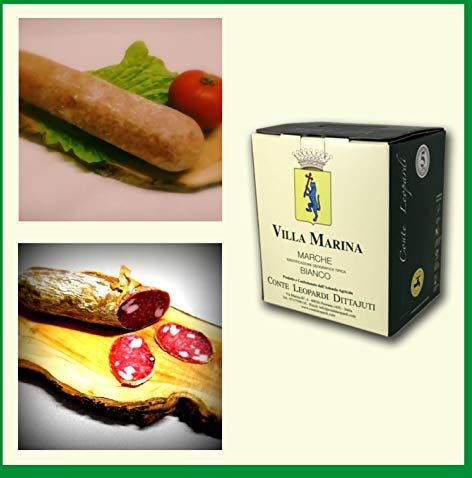 marche in italy Sapori Marchigiani Marche Bianco, cod.103, Mix 3 pezzi, 1 Salame Morbido 750gr, 1 Salame Fabriano 650gr, 1 Vino Bianco Villa Marina Marche igt, 5 lt bag in box, cantina Conti Leopardi,