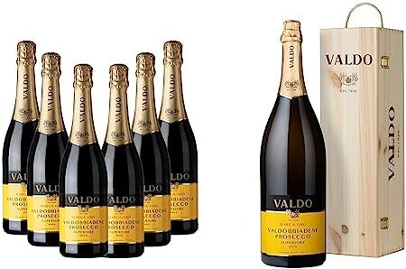 Valdo Marca Oro bbiadene Prosecco Superiore DOCG, 750 ml x 6 & Marca Oro bbiadene Prosecco Superiore D.O.C.G. Jeroboam, con Cassetta di Legno 3 L