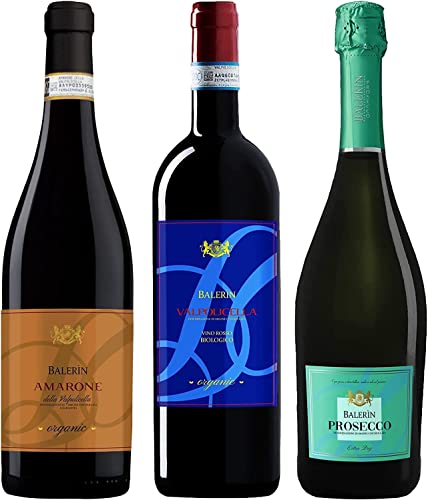 BALERIN Cassa mista vini Amarone DOCG Biologico, Prosecco DOC Extra Dry, Valpolicella DOC Biologico 3 Bottiglie 0,75L