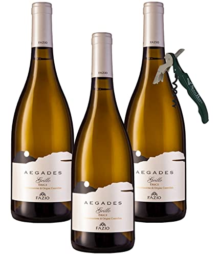sicilia bedda FAZIO VINI Vino Bianco Prodotto a Erice IDEA REGALO (AEGADES GRILLO Erice Doc, 3 Bottiglie con Apribottiglia)