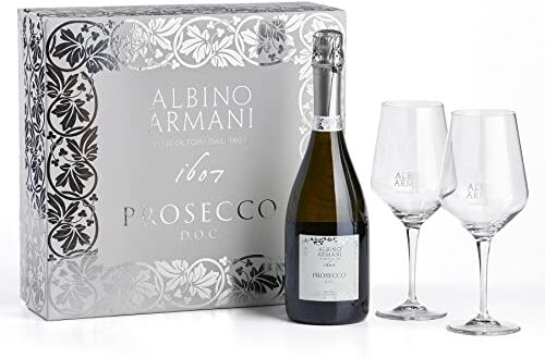 Giorgio Armani GIFT PROSECCO con due calici Confezione regalo da 1 bottiglia x 750 ml 1x Prosecco DOC Extra Dry, 2x Calici in vetro con logo