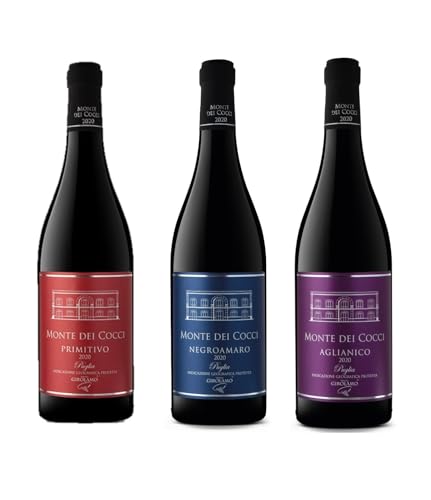 Tenute Girolamo 3 bottiglie vini rossi Pugliesi: 1 x Primitivo Puglia + 1 x Negroamaro Puglia + 1 x Aglianico Puglia Monte dei Cocci 0,75 litri vino rosso