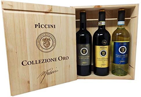 Zeus Party Cassetta in Legno -Piccini-"Collezione Oro" Chianti Classico Riserva 2016 Rosso Toscana 2018 Orvieto Classico 2019 750 ml