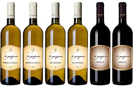 Vini Di Gaspero Degustazione Vini Bianchi e Rossi Di Gaspero Idea Regalo Gourmet Friuli Venezia Giulia 6 Bottiglie 75ml Ribolla Gialla IGP + Sauvignon IGP + Merlot DOP Ideale per aperitivi, pesce e carni