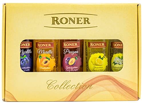 Roner Set Liquori Mignon (5x 0,04l) Marille, Prugna, Limoncello, Myrtillo, Holler Sambo Distilleria Artigianale Alto Adige Südtirol piu premiata d'Italia 200 ml