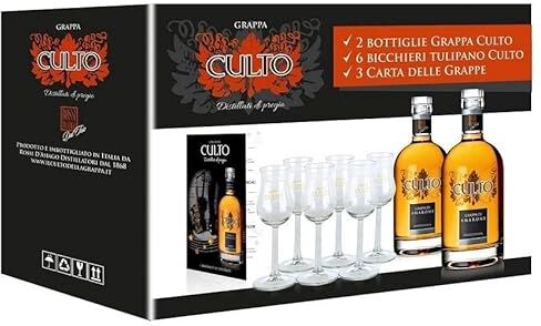 CULTO GRAPPA DI AMARONE INVECCHIATA 70 CL KIT 2 BOTTIGLIE CON 6 BICCHIERI