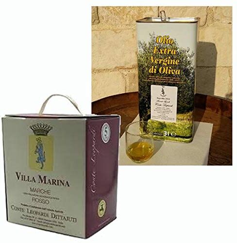 marche in italy Idea Regalo Italia 203, Olio Evo extra vergine di oliva 3 lt, oliva marchigiana, Vino Rosso Marche Villa Marina bag in box 5 lt, Cantina Leopardi Dittajuti, Numana, Ancona, prodotto tipico marchigiano