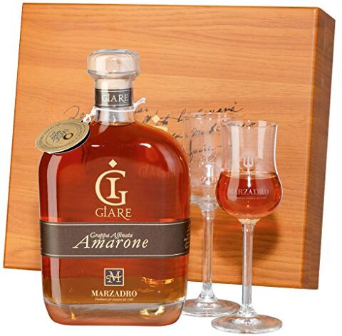 Marzadro Grappa Le Giare Amarone In Astuccio Di Legno 70 cl e 2 Bicchieri Tulipe