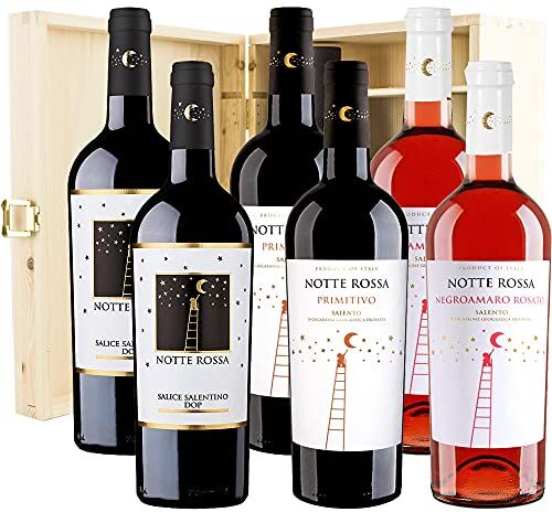 Liakai Confezione Regalo Vino Rosso   Notte Rossa   6 Bottiglie 75cl   Cassetta Legno   Primitivo di Manduria   Salice Salentino   Negroamaro Rosè