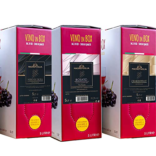 Madrepuglia Vino rosso Nero di Troia, vino rosato e vino bianco chardonnay igt Puglia, 3 bag in box assortiti da 5 litri cad. totale 15 litri di pura genuinità