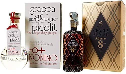 Nonino Distillerie , Grappa  Cru Monovitigno Picolit, imbottigliamento manuale in ampolle soffiate a mano volante da 500 ml & Grappa Riserva Aged 8 Years in barriques e piccole botti