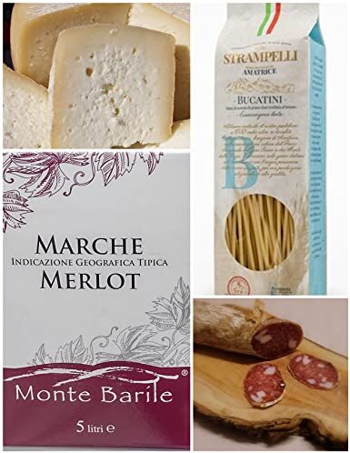 marche in italy selezione 2104 vino rosso marche igt merlot bag in box 5 lt, formaggio pecorino macerata 900 gr, bucatini amatrice 2x500 gr, salame duro lardellato 650 gr tipo fabriano, prodotto tipico marchigiano